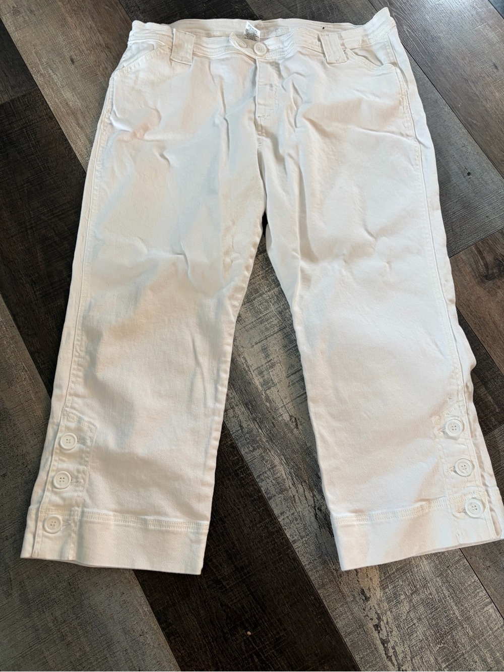 Zena Jeans White Stretch Denim Capri Pants Size 16 Button Hem Y2K
